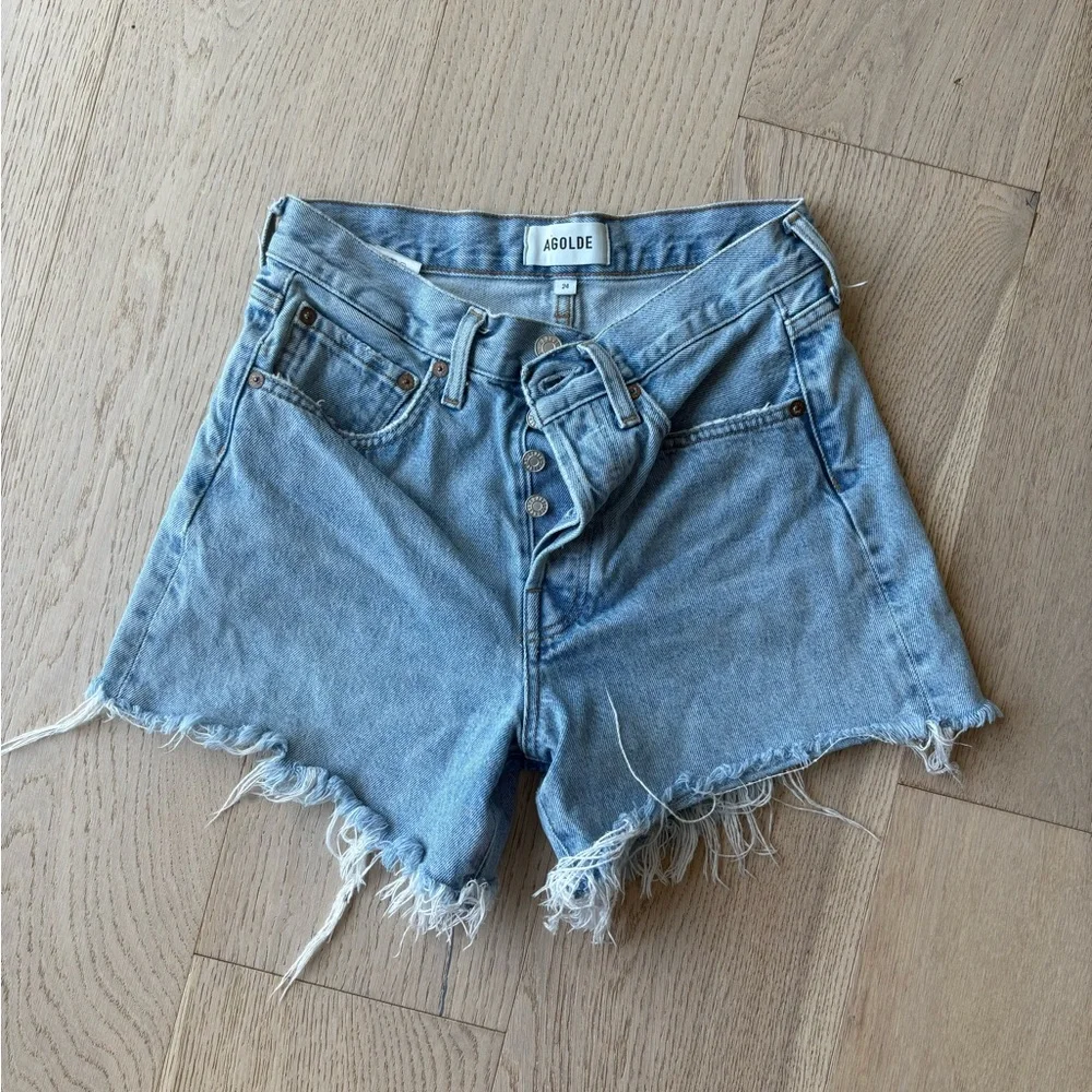 AGOLDE Parker Long High-Rise Frayed Hem Denim Shorts